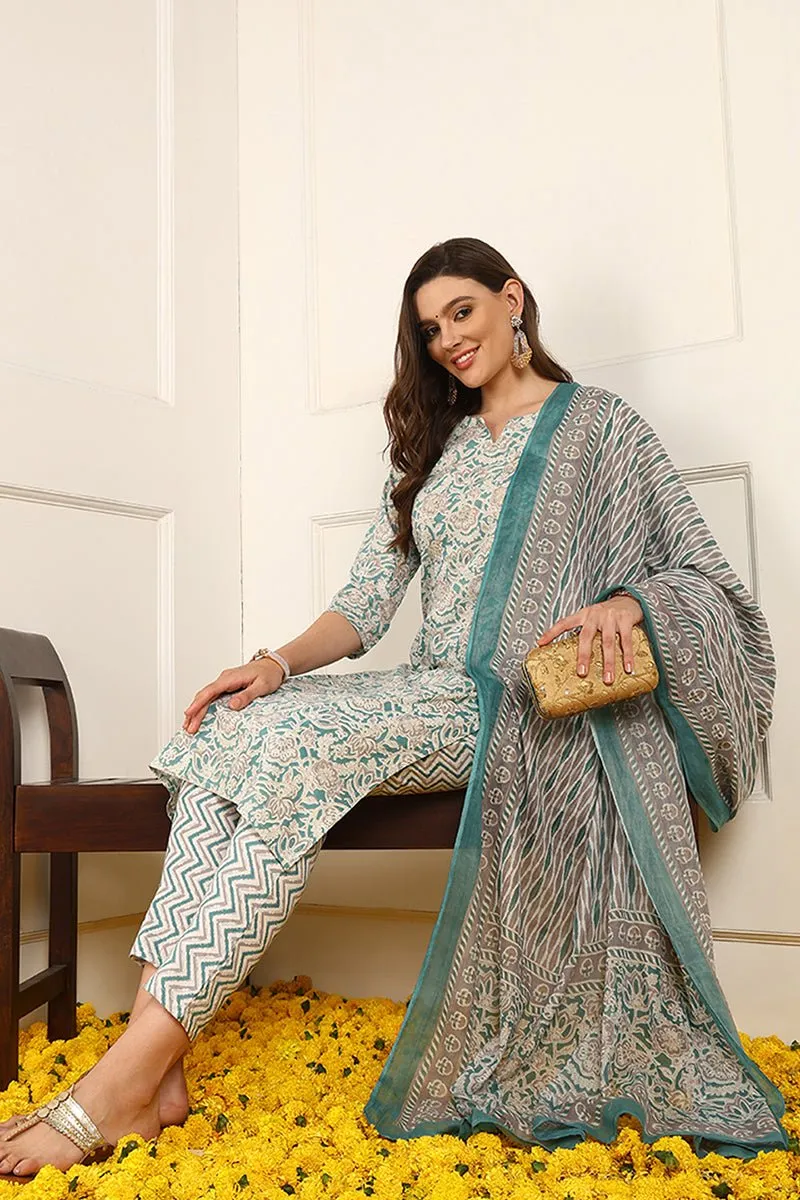Ahika Teal Blue Pure Cotton Floral Printed Straight Suit Set