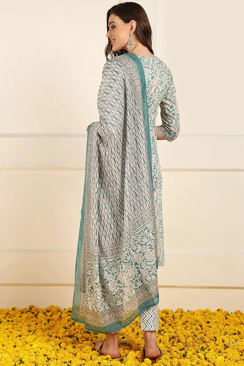 Ahika Teal Blue Pure Cotton Floral Printed Straight Suit Set