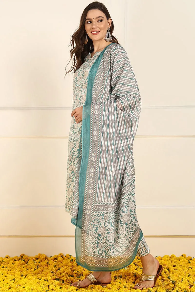 Ahika Teal Blue Pure Cotton Floral Printed Straight Suit Set