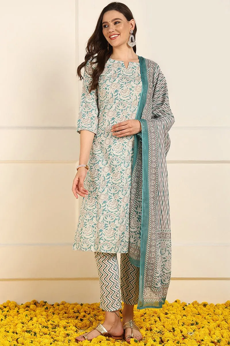 Ahika Teal Blue Pure Cotton Floral Printed Straight Suit Set