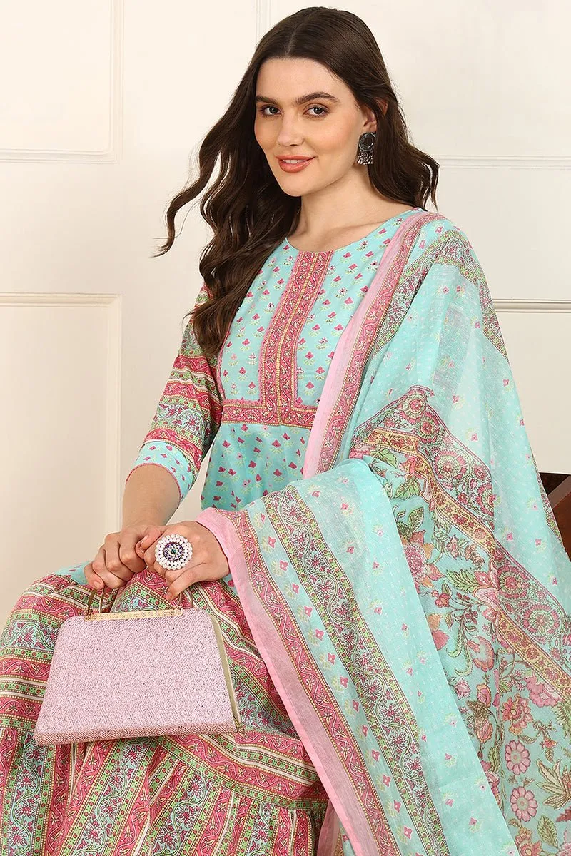 Ahika Turquoise Blue Cotton Floral Printed Anarkali Suit Set