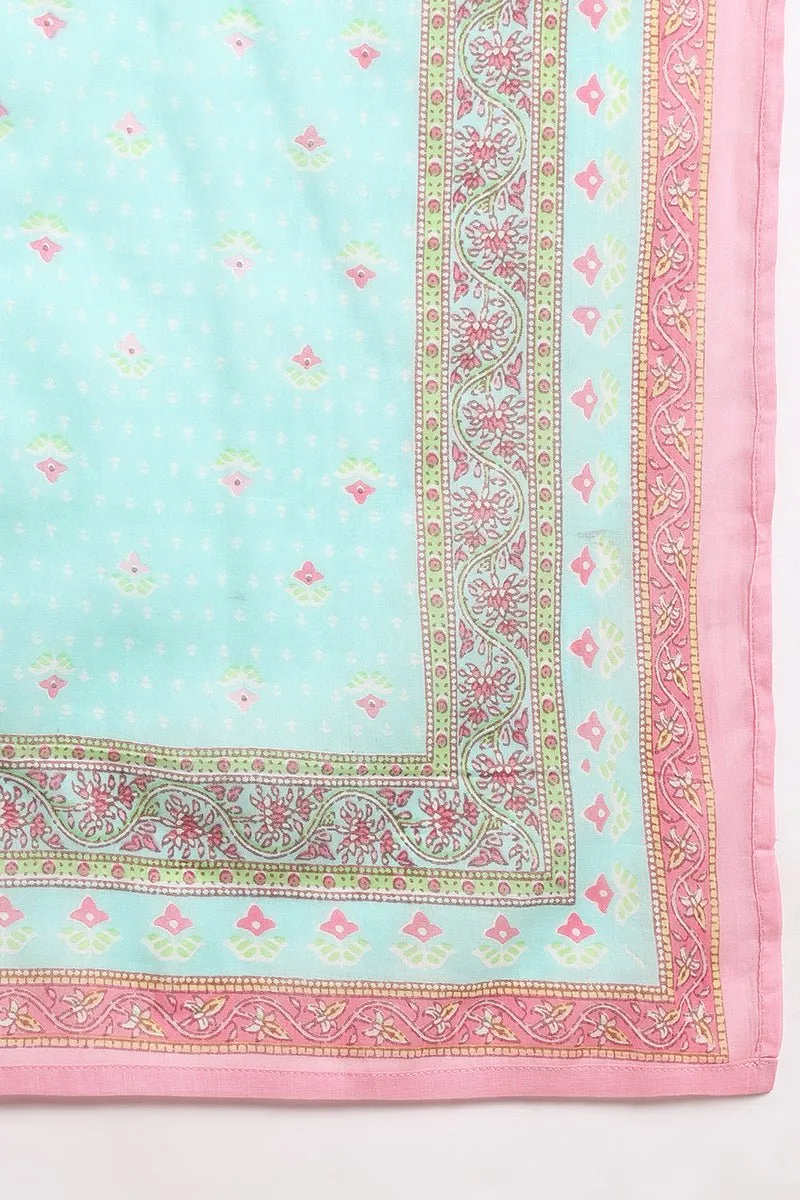 Ahika Turquoise Blue Cotton Floral Printed Anarkali Suit Set