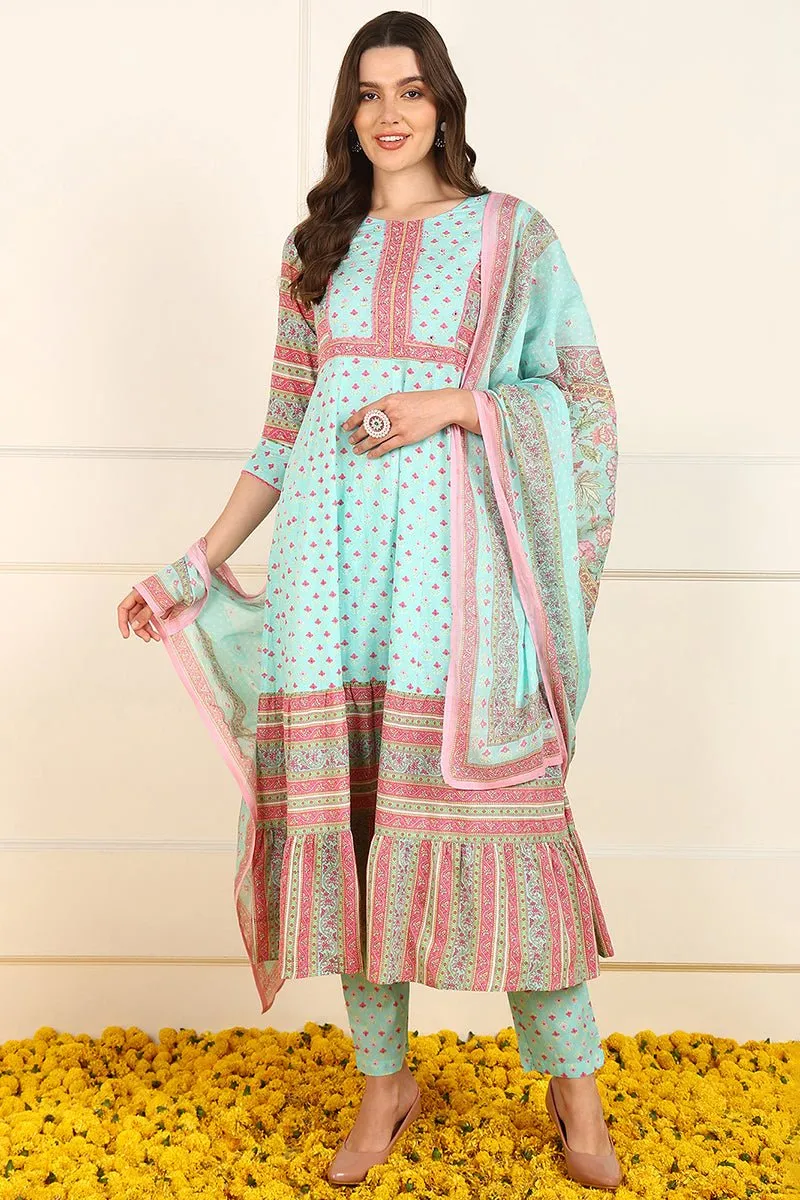 Ahika Turquoise Blue Cotton Floral Printed Anarkali Suit Set