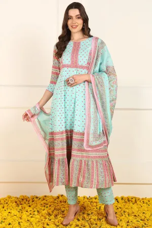 Ahika Turquoise Blue Cotton Floral Printed Anarkali Suit Set