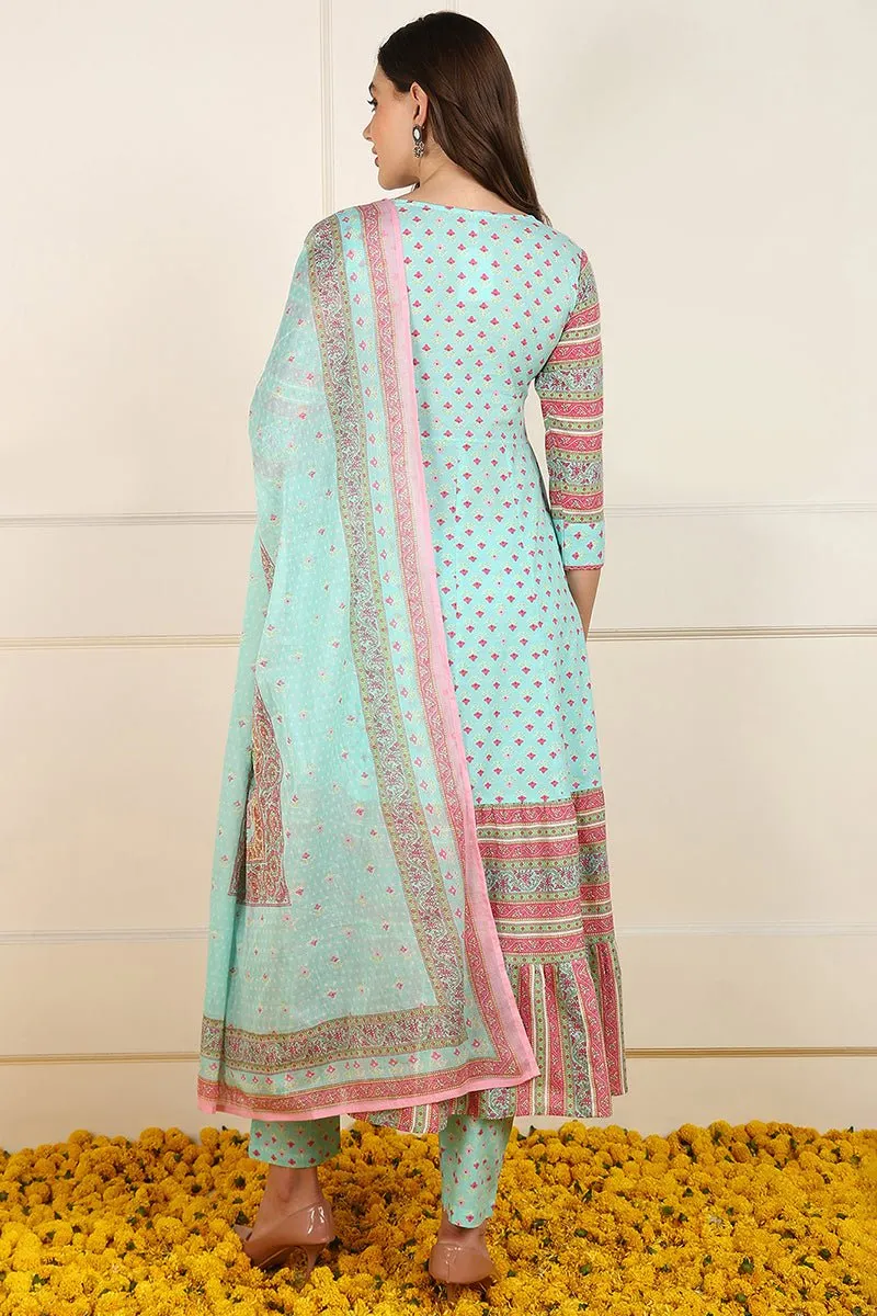 Ahika Turquoise Blue Cotton Floral Printed Anarkali Suit Set