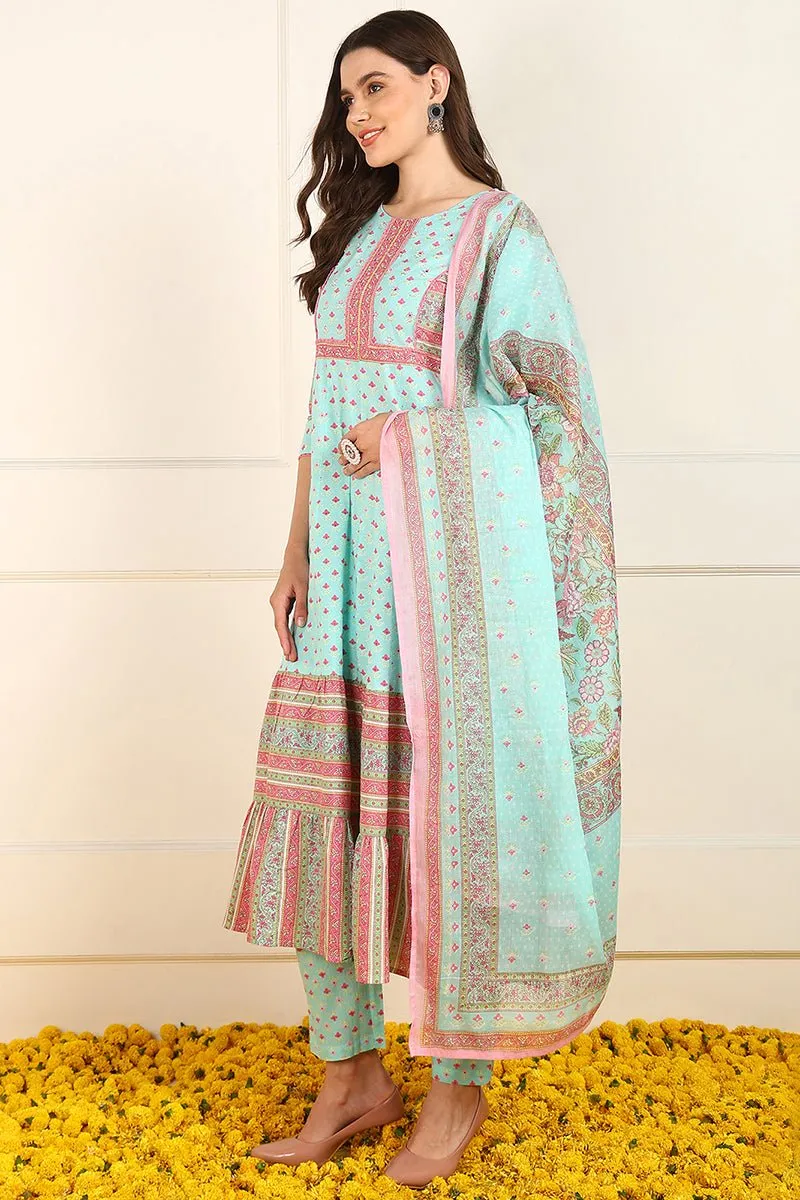 Ahika Turquoise Blue Cotton Floral Printed Anarkali Suit Set