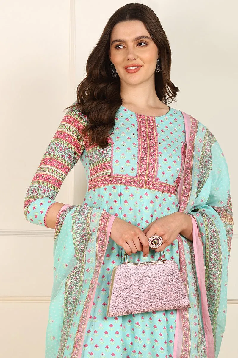Ahika Turquoise Blue Cotton Floral Printed Anarkali Suit Set