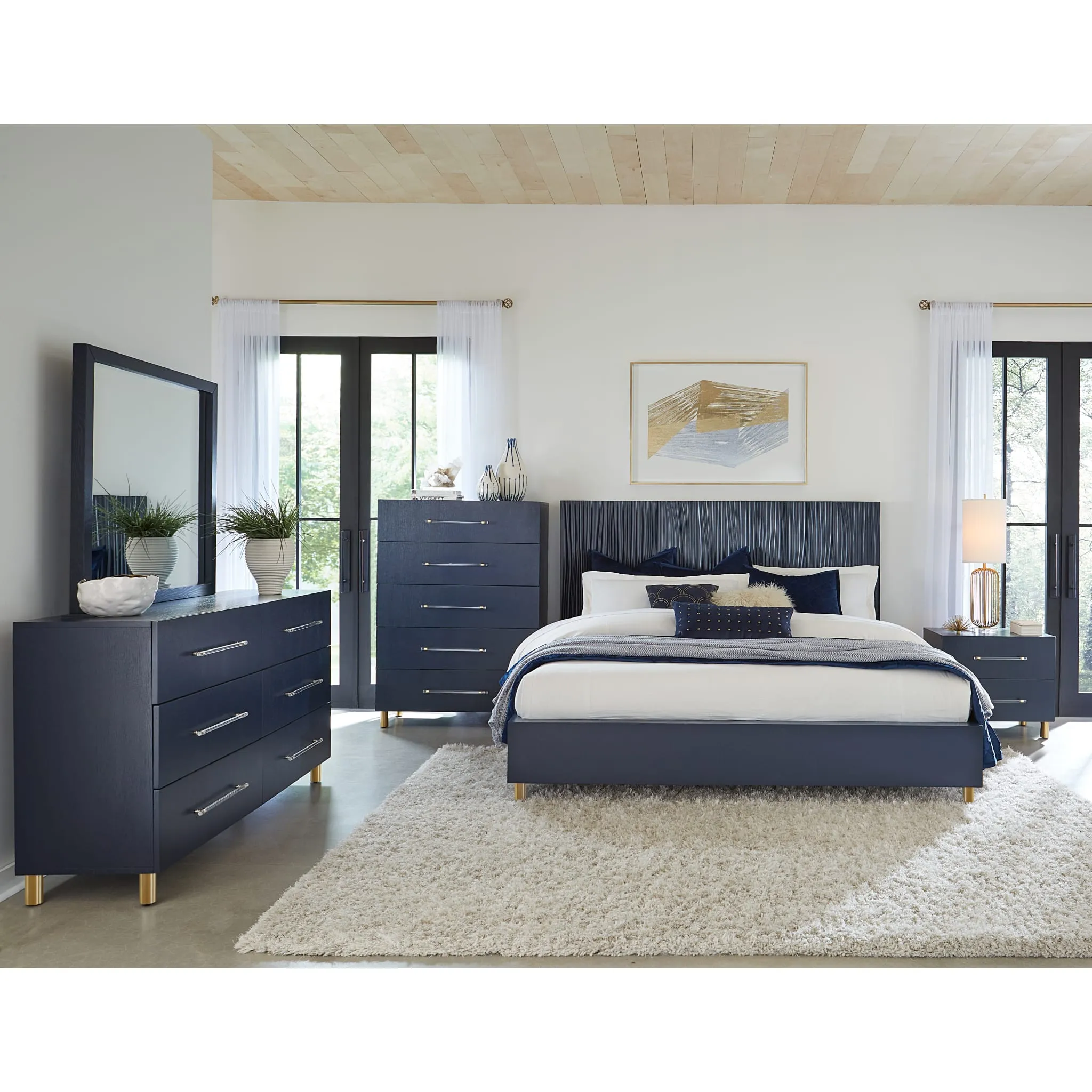 Argento Two Drawer USB Charging Nightstand in Navy Blue and Burnished Brass