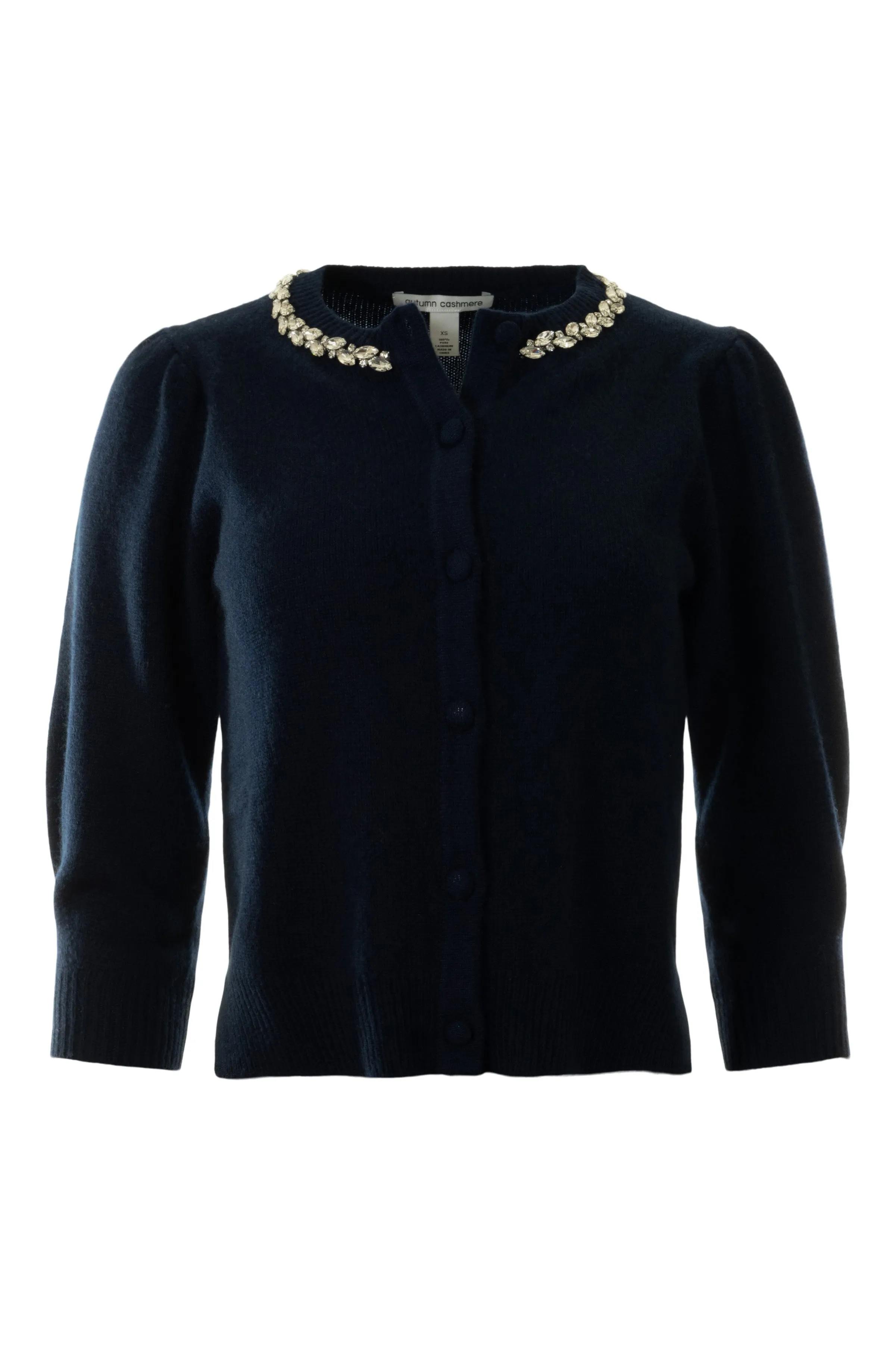Autumn Cashmere Rhinestone Trimmed Puff Sleeve Cardigan