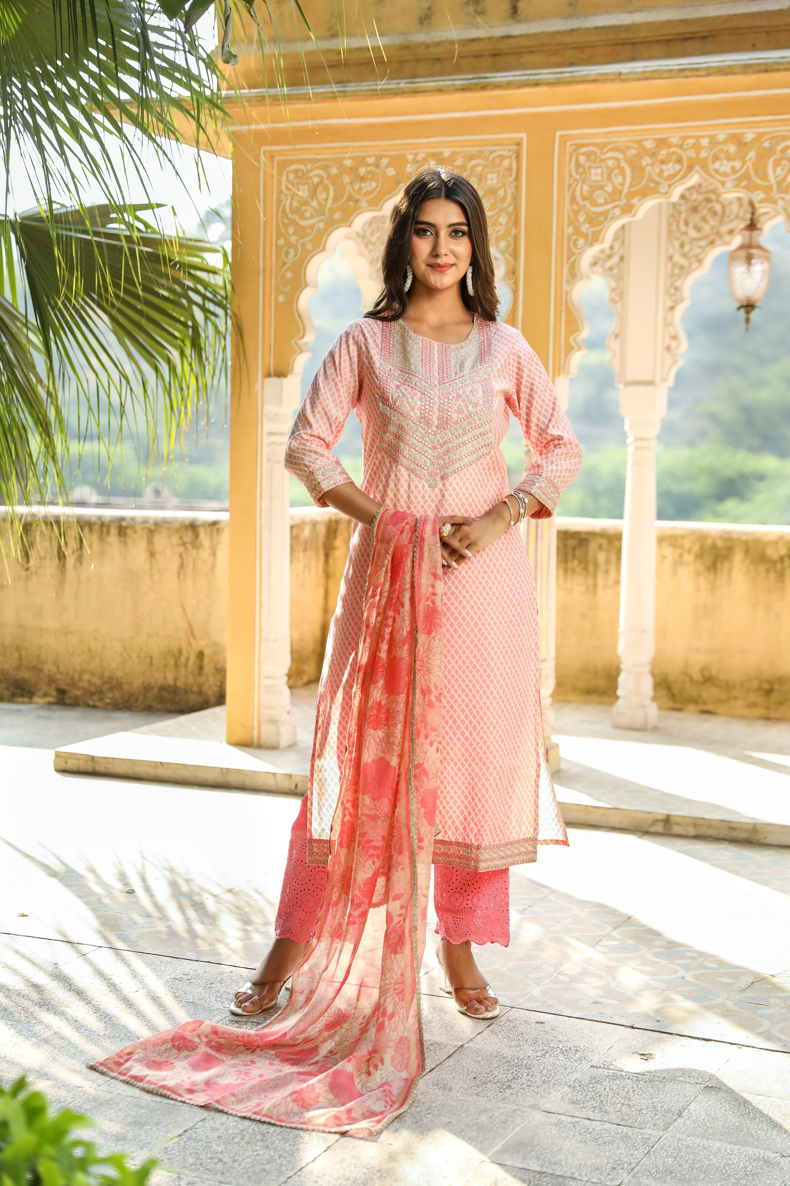 Baby Pink Color Chanderi Straight Women's Kurta Trouser and Dupatta Set