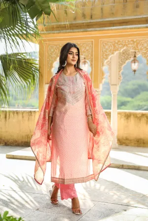 Baby Pink Color Chanderi Straight Women's Kurta Trouser and Dupatta Set