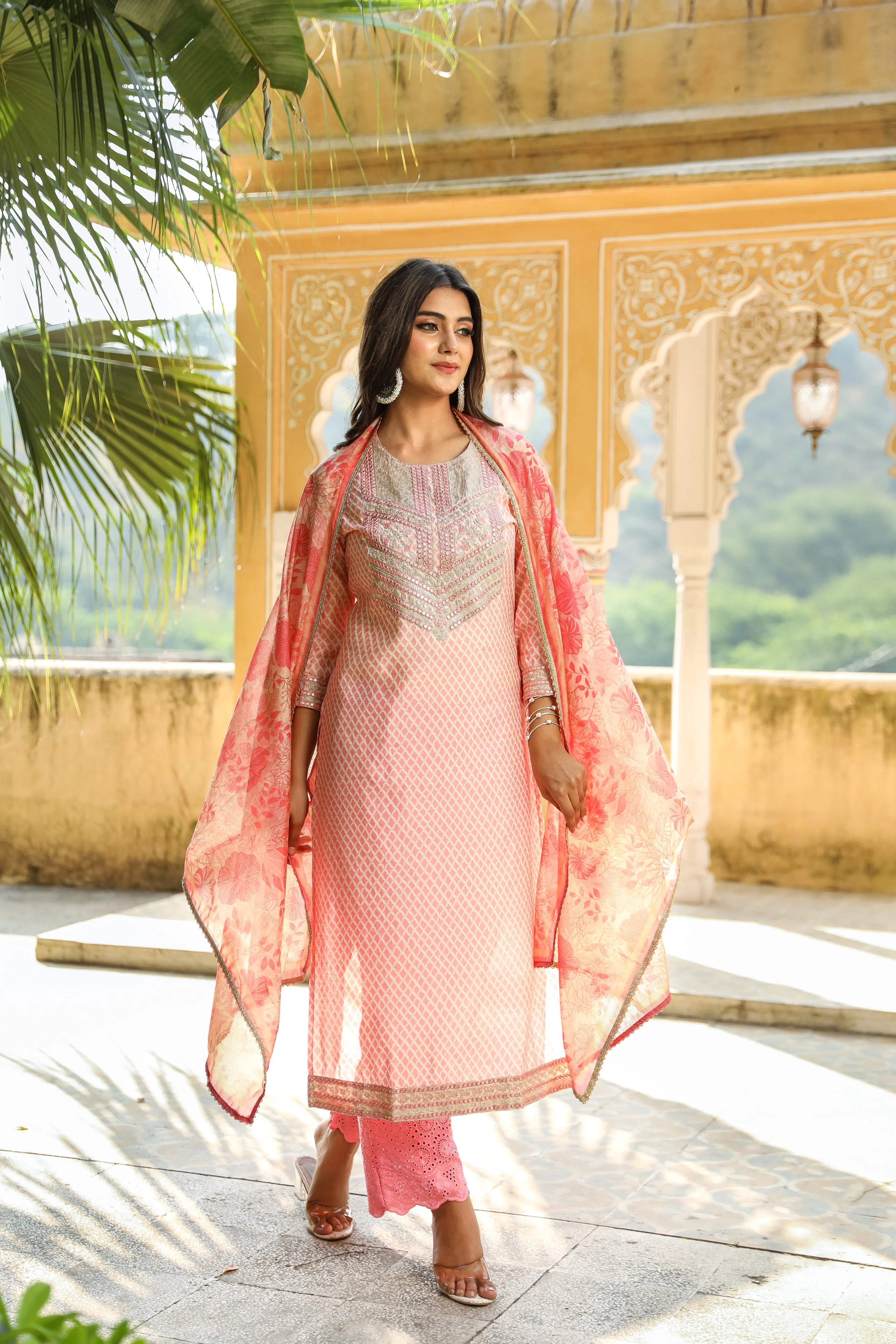 Baby Pink Color Chanderi Straight Women's Kurta Trouser and Dupatta Set