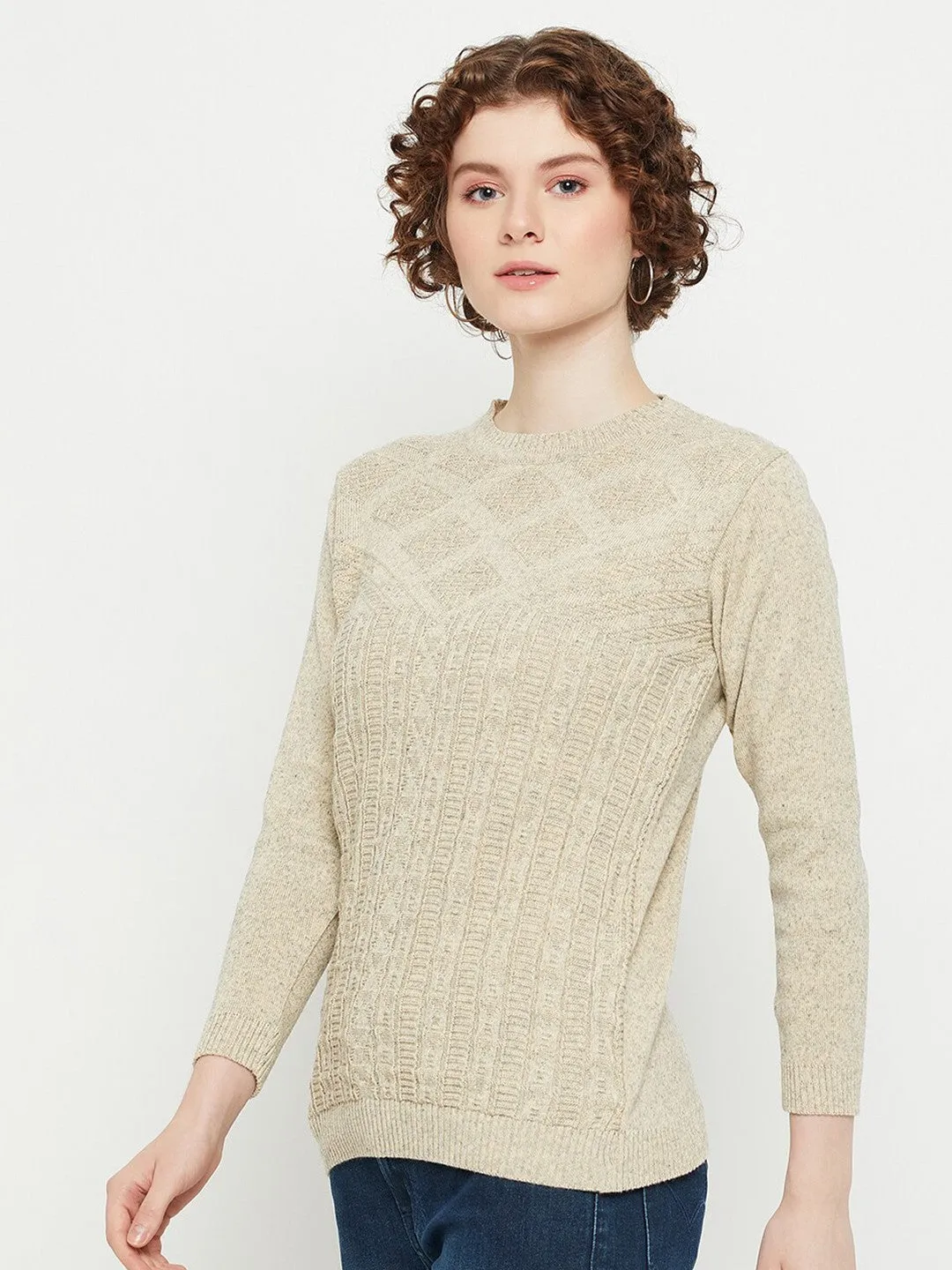 Beige round neck Geometric print sweater