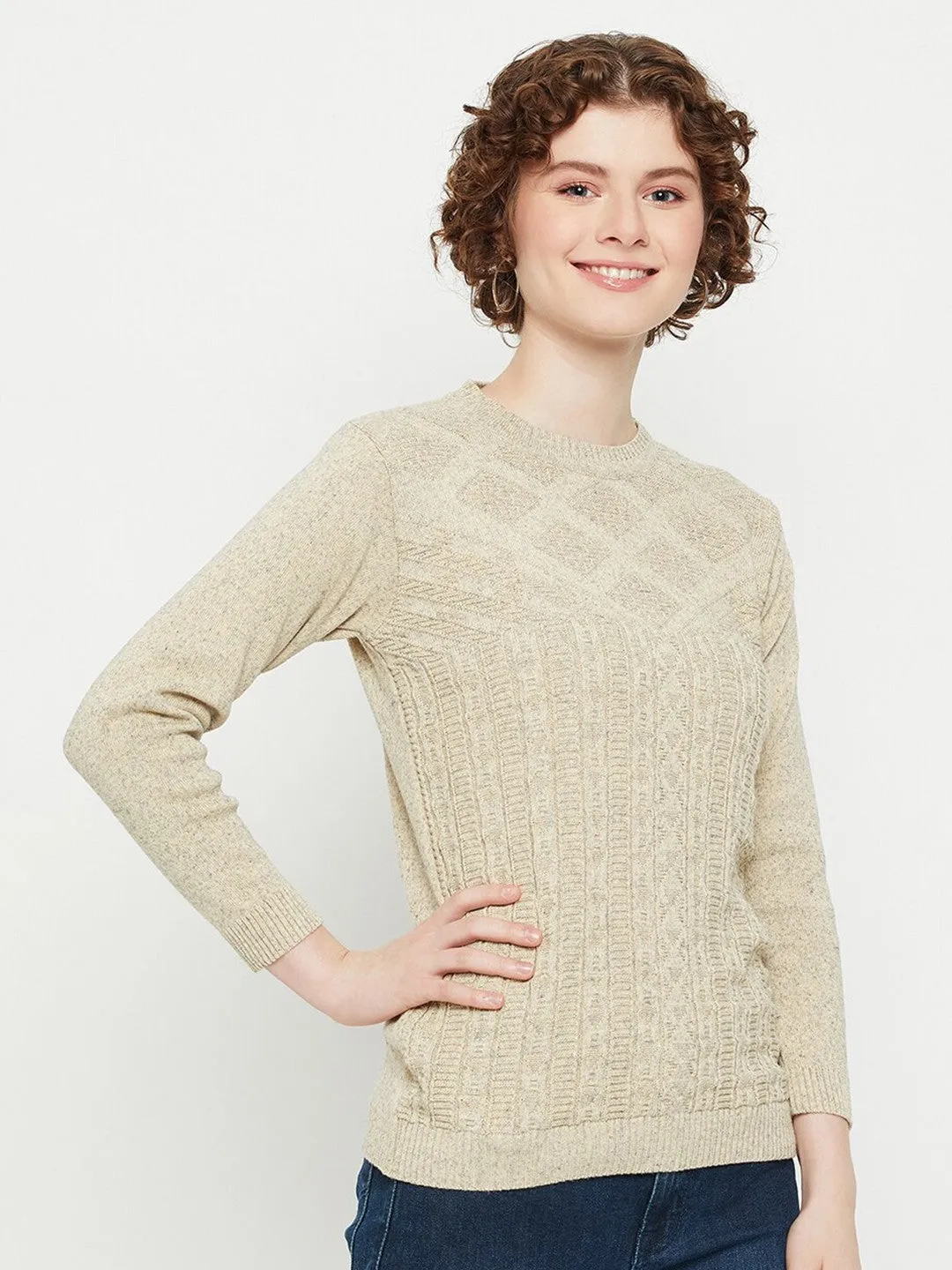 Beige round neck Geometric print sweater