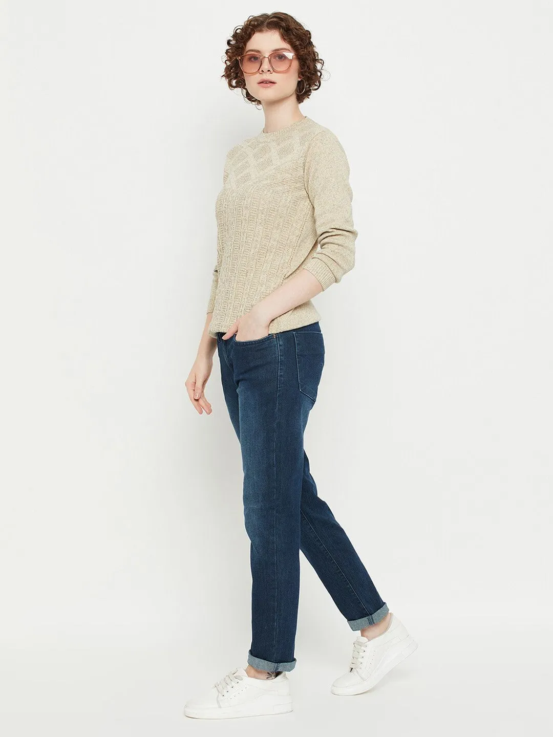 Beige round neck Geometric print sweater