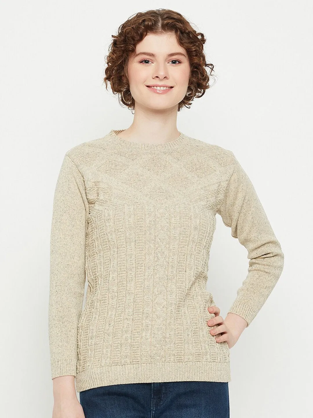 Beige round neck Geometric print sweater