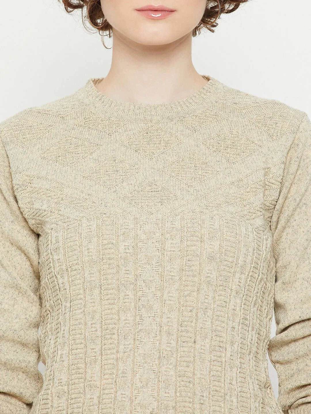Beige round neck Geometric print sweater