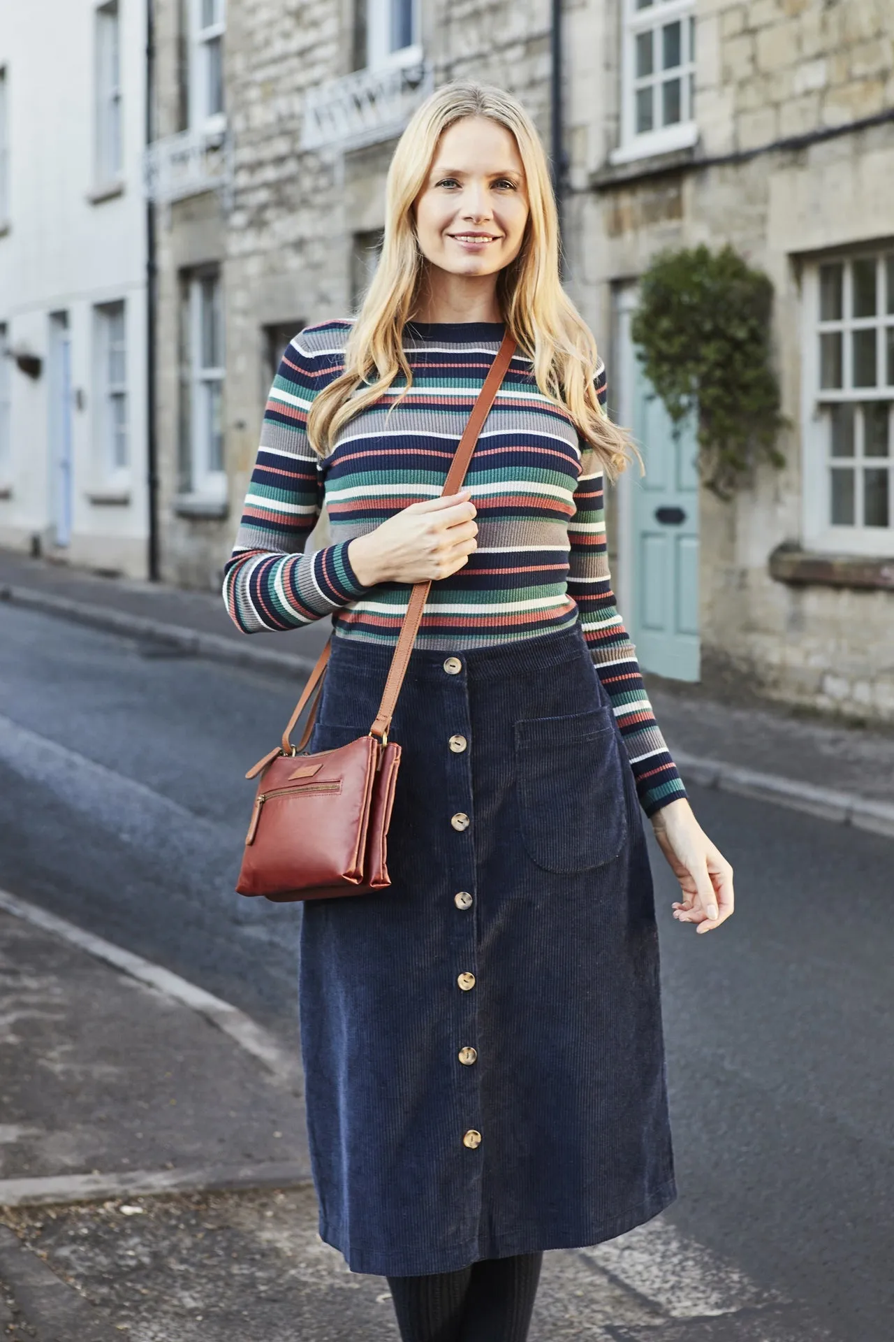 Button Through Skirt Plain Navy