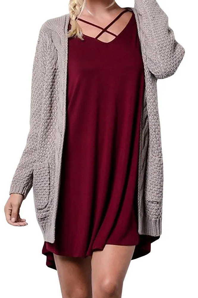 Cable Pockets Solid Color Long Cardigan