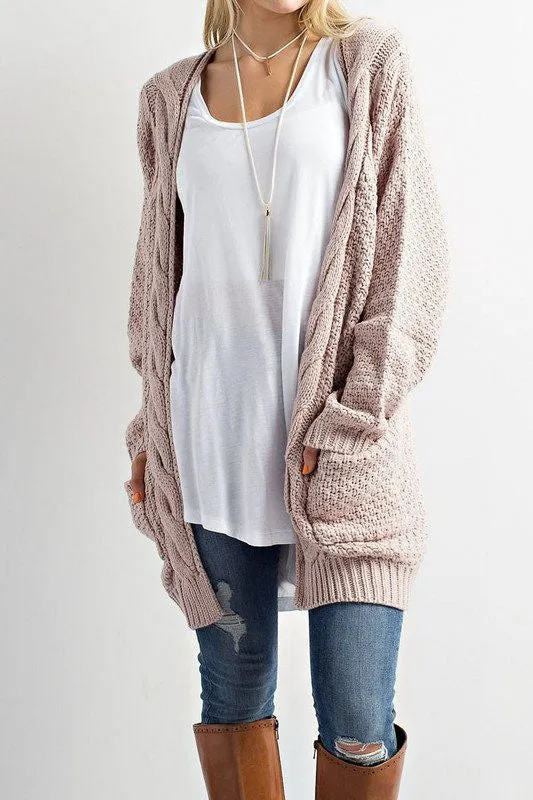 Cable Pockets Solid Color Long Cardigan