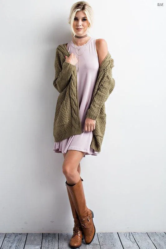 Cable Pockets Solid Color Long Cardigan