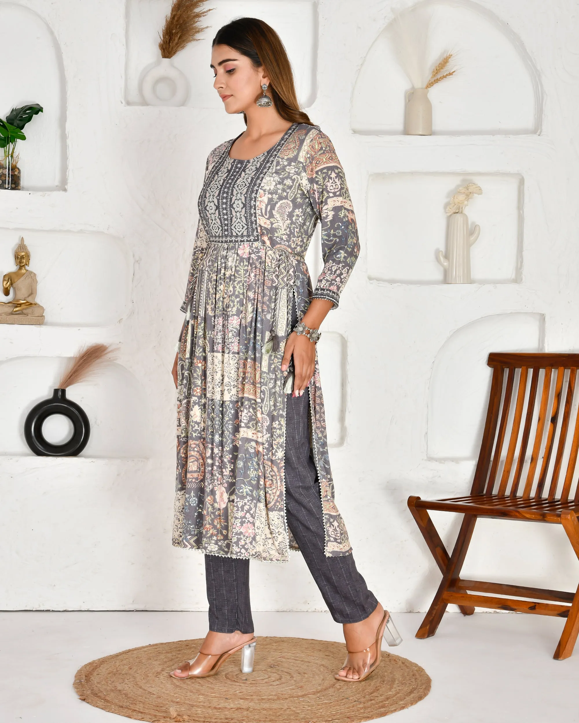 Casual Rayon Embroidered Nyra Cut Pant Set