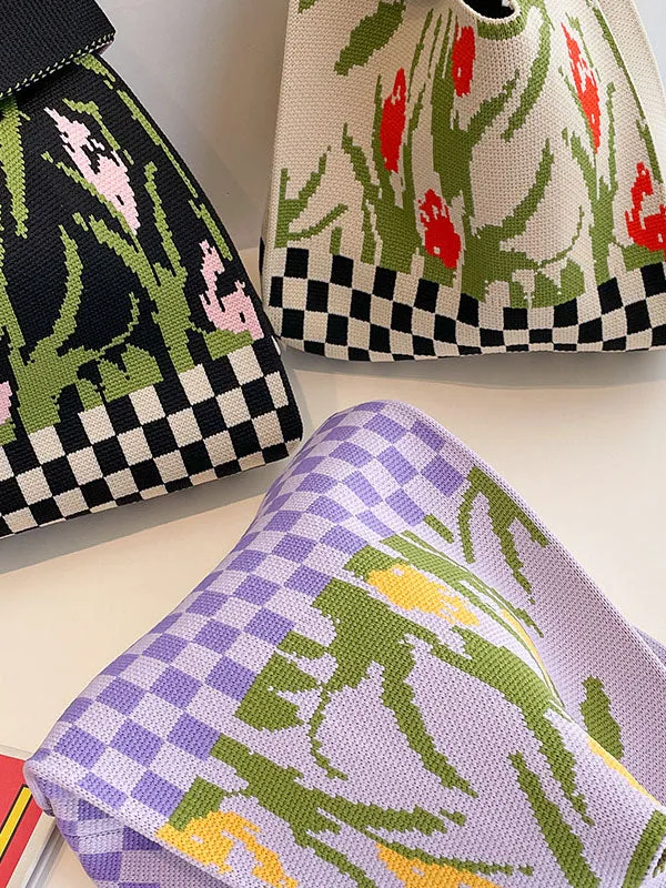 Checkerboard Floral Printed Woven Handbag Bags Accessories