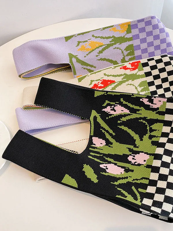 Checkerboard Floral Printed Woven Handbag Bags Accessories
