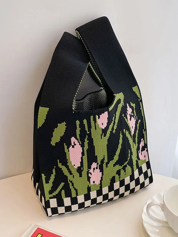 Checkerboard Floral Printed Woven Handbag Bags Accessories