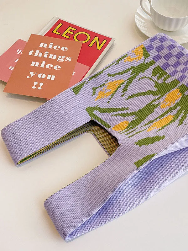 Checkerboard Floral Printed Woven Handbag Bags Accessories