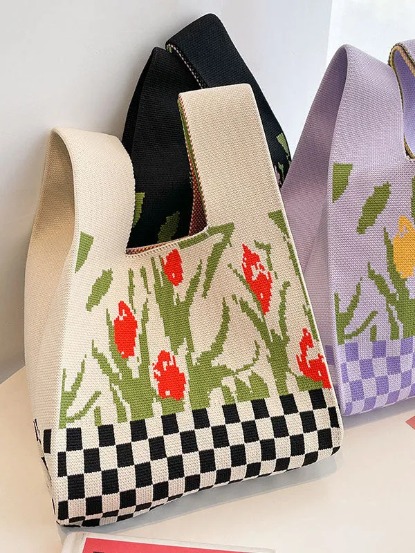 Checkerboard Floral Printed Woven Handbag Bags Accessories