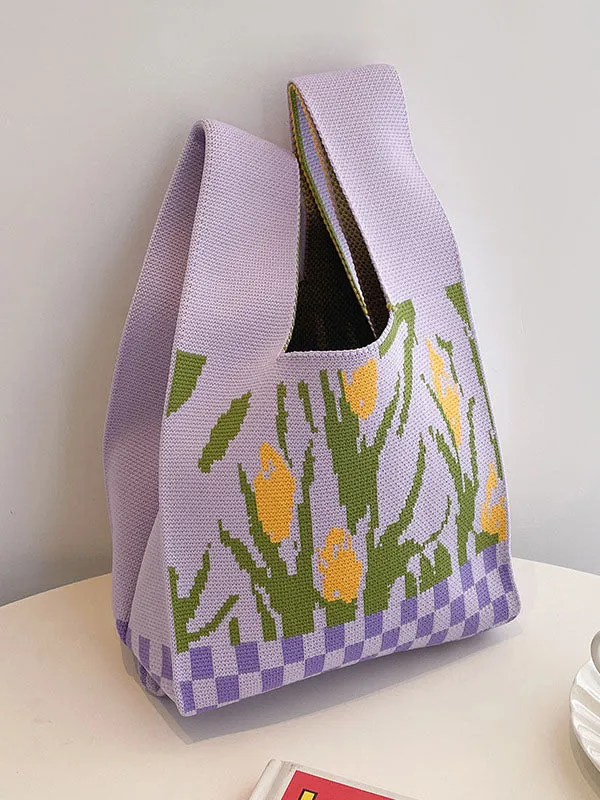 Checkerboard Floral Printed Woven Handbag Bags Accessories