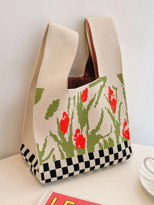 Checkerboard Floral Printed Woven Handbag Bags Accessories