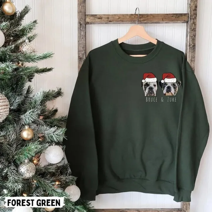 Christmas Custom Pet Face Color Portrait Santa Holiday Crewneck Sweatshirt