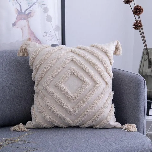 Elegant Bohemian Embroidered Tassel Cushion Cover in Luxurious Linen Cotton