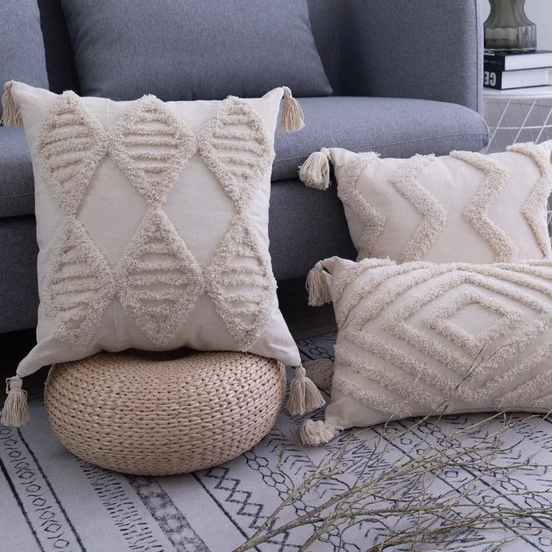 Elegant Bohemian Embroidered Tassel Cushion Cover in Luxurious Linen Cotton