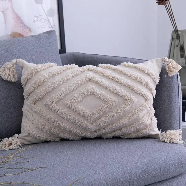 Elegant Bohemian Embroidered Tassel Cushion Cover in Luxurious Linen Cotton