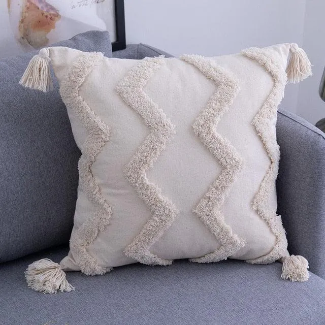 Elegant Bohemian Embroidered Tassel Cushion Cover in Luxurious Linen Cotton
