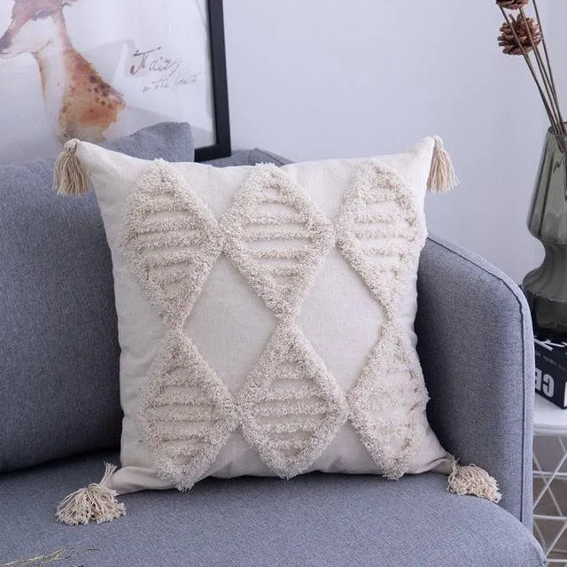 Elegant Bohemian Embroidered Tassel Cushion Cover in Luxurious Linen Cotton