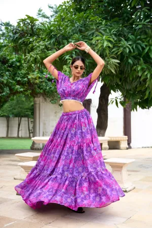Elegant Chiffon Purple Floral Printed Lehenga Choli