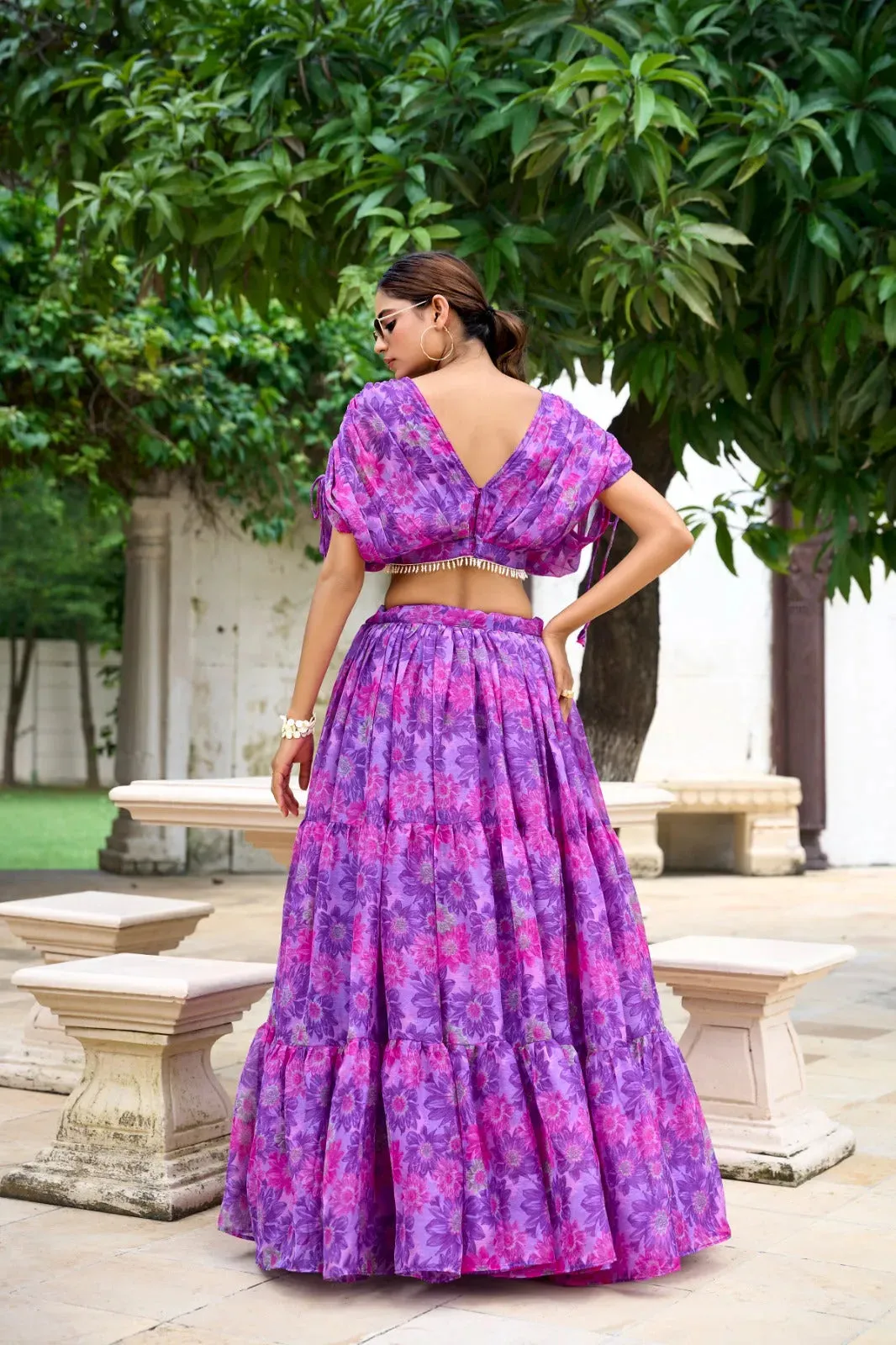 Elegant Chiffon Purple Floral Printed Lehenga Choli