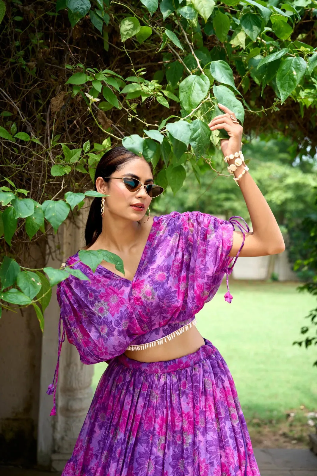 Elegant Chiffon Purple Floral Printed Lehenga Choli