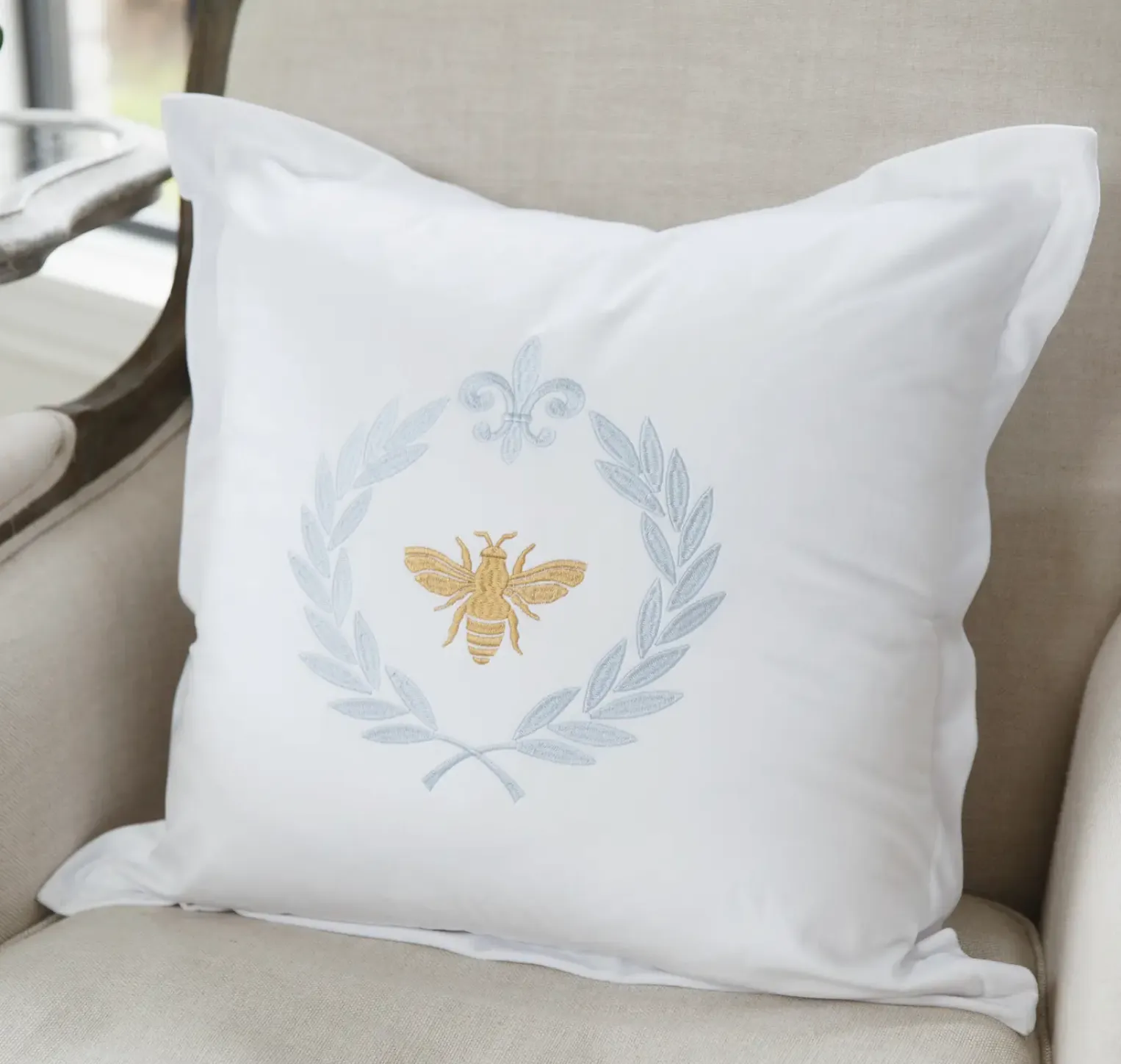 Elegant French Bee Embroidered Throw Pillow 20x20
