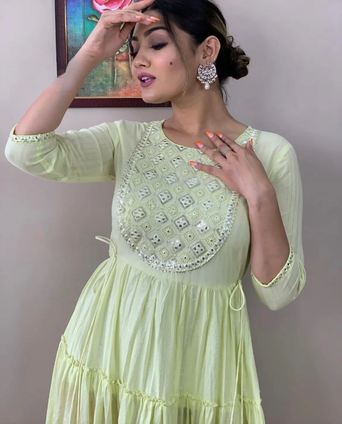 Elegant Light Green Floral Embroidered Rayon Lurex Long Gown
