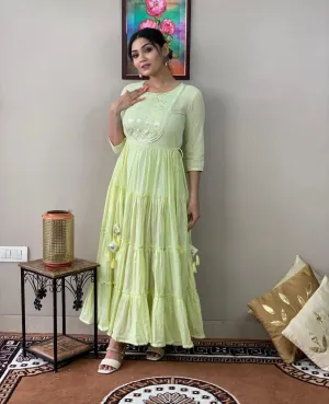Elegant Light Green Floral Embroidered Rayon Lurex Long Gown