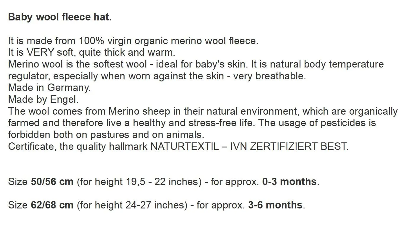 Engel: 100% Merino Wool Fleece Baby Hat - 0-6 Months