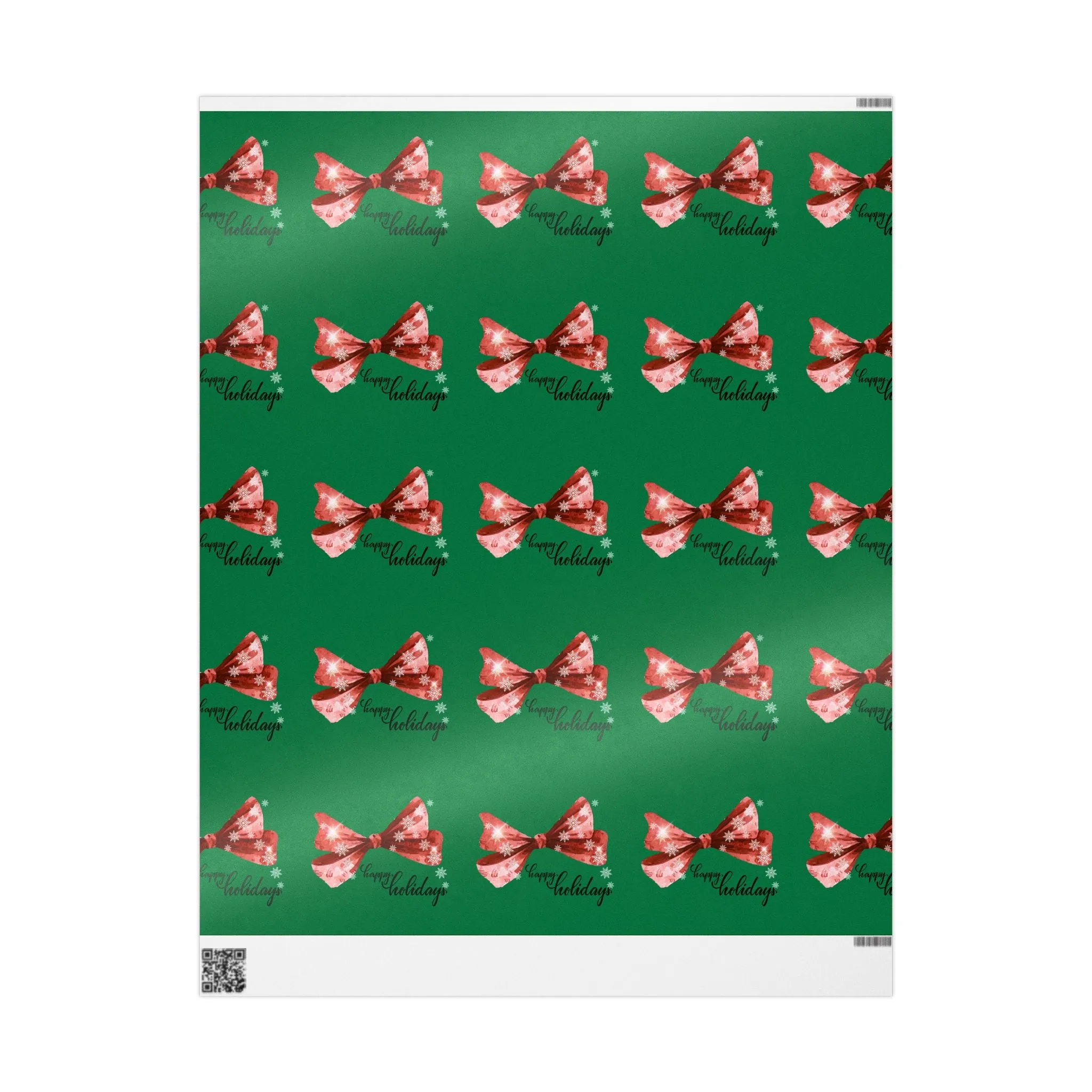 Festive Red Bow Christmas Wrapping Paper : Elegant Green Holiday Gift Wrap with Snowflakes and "Happy Holidays" Script