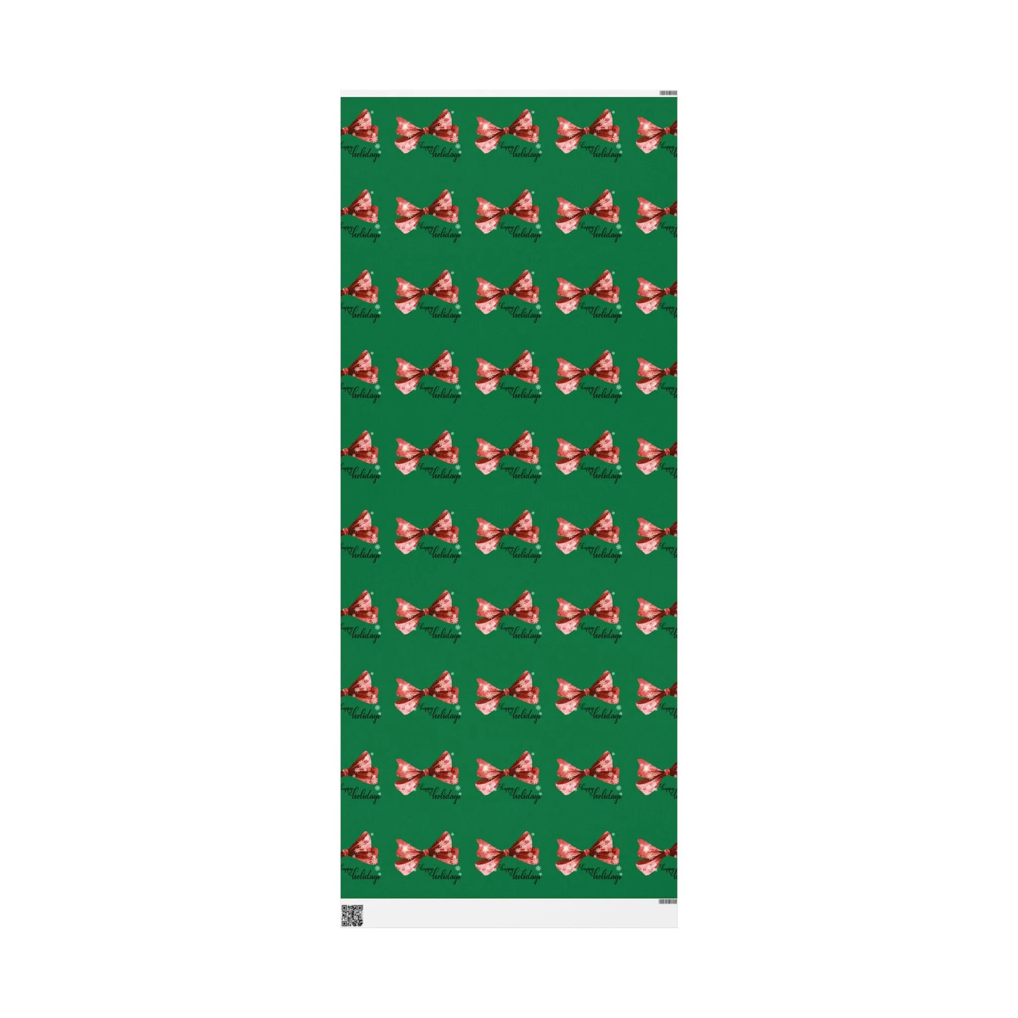 Festive Red Bow Christmas Wrapping Paper : Elegant Green Holiday Gift Wrap with Snowflakes and "Happy Holidays" Script