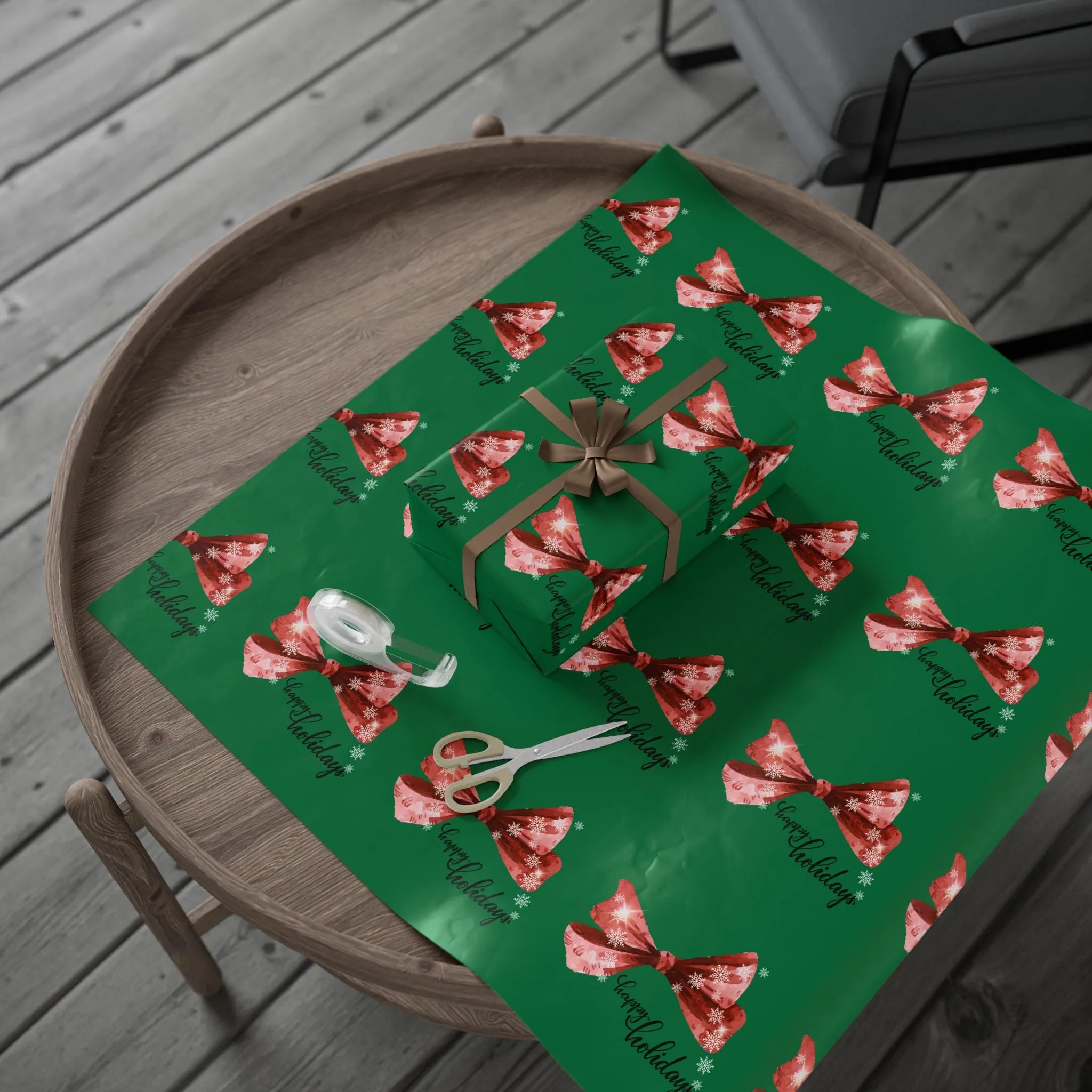 Festive Red Bow Christmas Wrapping Paper : Elegant Green Holiday Gift Wrap with Snowflakes and "Happy Holidays" Script