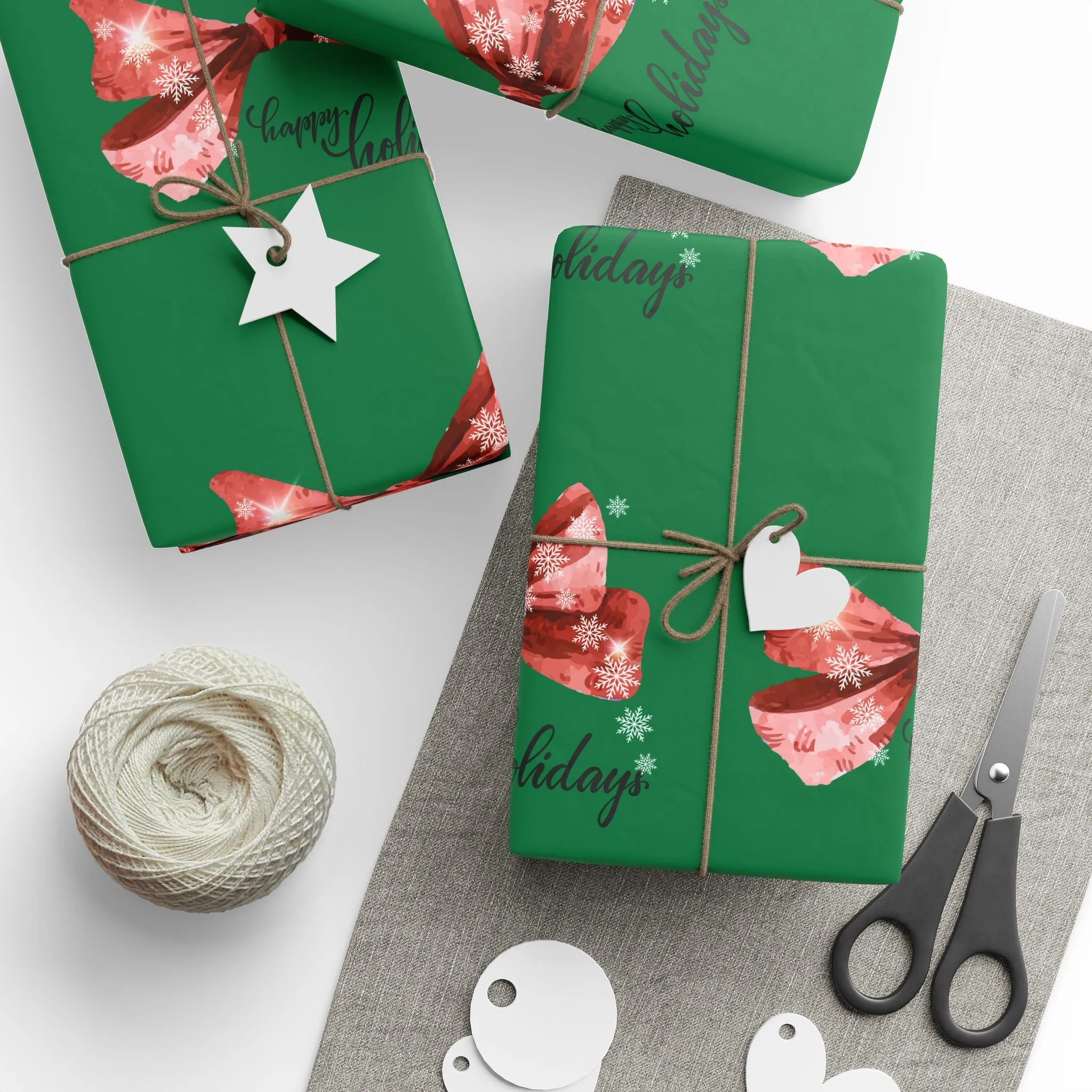 Festive Red Bow Christmas Wrapping Paper : Elegant Green Holiday Gift Wrap with Snowflakes and "Happy Holidays" Script